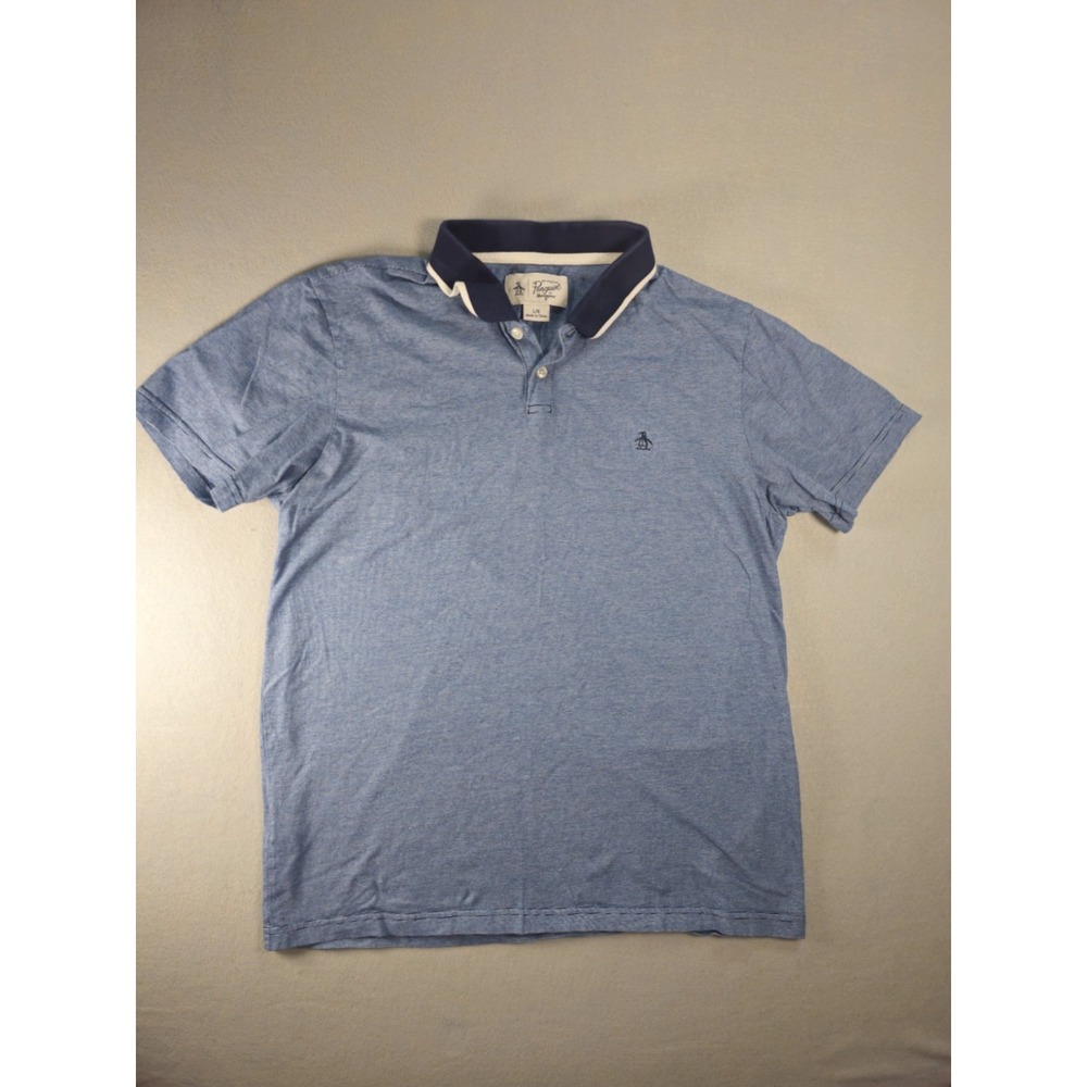 Original Penguin Polo Shirt Mens L Blue Micro Stripe Tipped Collar Cotton Logo